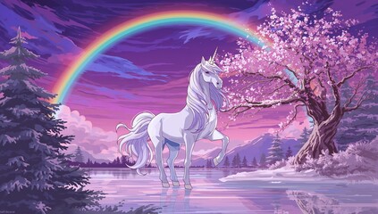 Majestic white unicorn standing in a magical forest under a vibrant rainbow