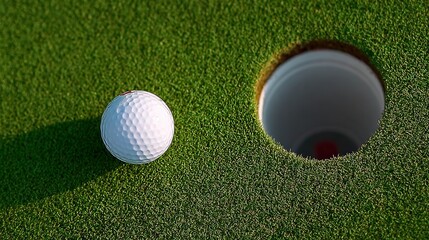 Close-up view of a white golf ball resting on vibrant green grass near a golf hole, capturing the essence of the game and the anticipation of a successful putt in a serene outdoor setting