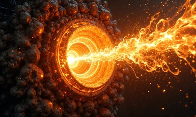 A powerful, glowing energy beam erupts from a textured, dark futuristic machine, casting intense orange light. Dynamic sci-fi scene.