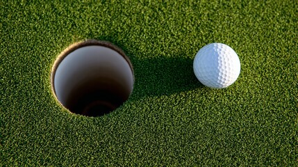 Close-up view of a golf ball resting on lush green grass near a hole, capturing the essence of the game, showcasing the smooth texture of the turf and the anticipation of a successful putt