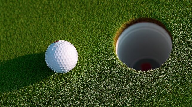Close-up view of a white golf ball resting on vibrant green grass near a golf hole, capturing the essence of the game and the anticipation of a successful putt in a serene outdoor setting