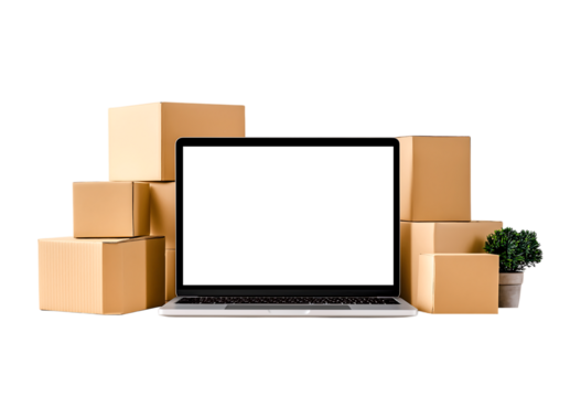 E-commerce Business Setup: Laptop and Shipping Boxes isolated on a transparent background