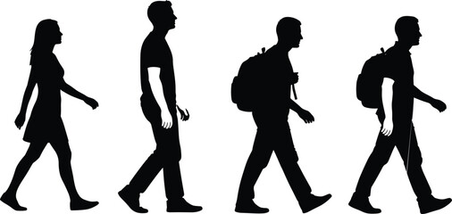 Silhouette of Walking People Side View Including Men and Woman with Backpack for Travel, Urban Lifestyle, Vector Illustration, and Design Use