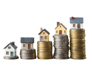 Miniature houses atop stacks of coins, illustrating home affordability or investment