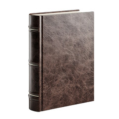A close up shot of a brown leather bound book with silver accents on a black background in studio lighting