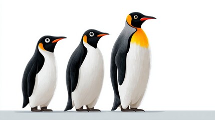 Obraz premium Three stylized penguins standing in a row, showcasing varying sizes and distinct features, with a clean white background emphasizing their unique characteristics and playful nature in a whimsical illu