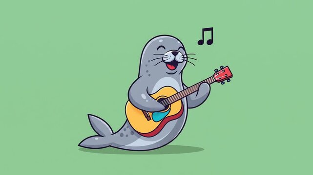 Cartoon seal playing a guitar and singing with musical notes on a green background.