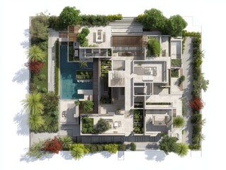 A large house with a pool and a garden. The house is surrounded by trees and has a patio