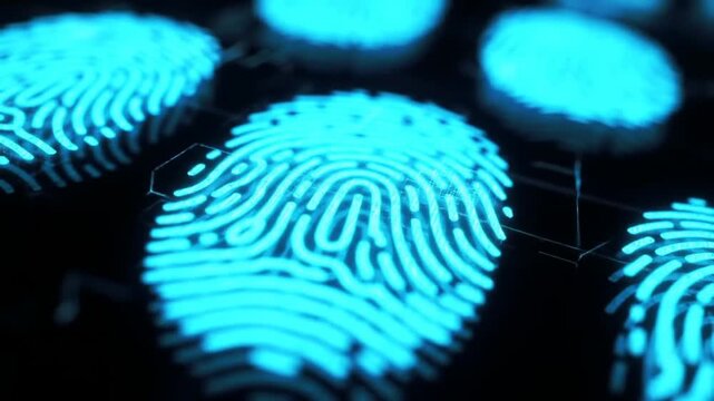 Futuristic digital fingerprints glow bright blue representing security and technology innovation - Powered by Adobe