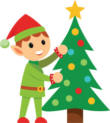 Cartoon Christmas Elf Decorating a Tree with Colorful Ornaments and a Star