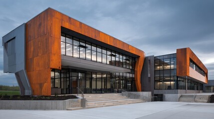 Modern school building with contemporary architecture, bold geometric lines, glass windows, and functional design in bright educational campus setting