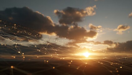 Fototapeta premium Sunset vista with interconnected digital network