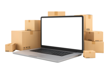 E-commerce and Global Shipping: Laptop with Cardboard Boxes for Online Delivery isolated on a transparent background