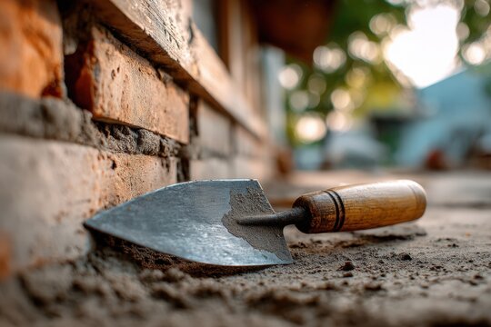 A trowel rests on a sandy surface, near a brick wall