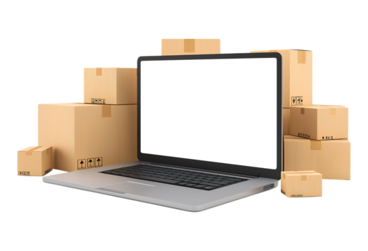 E-commerce and Global Shipping: Laptop with Cardboard Boxes for Online Delivery isolated on a transparent background