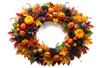 Festive halloween wreath bursting with autumn leaves pumpkins and jack-o'-lanterns isolated transparent background