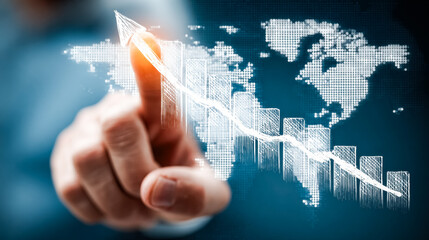 A hand interacts with a glowing, spark-filled data chart, symbolizing the power of data visualization and analytics in understanding trends and driving business decisions.