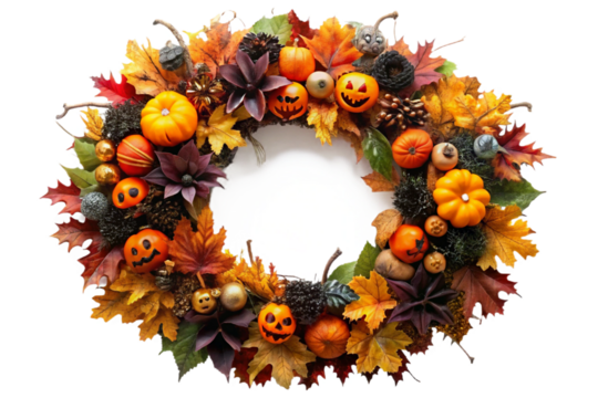 Festive halloween wreath bursting with autumn leaves pumpkins and jack-o'-lanterns isolated transparent background