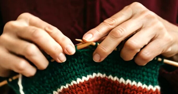 Hands knitting a colorful sweater with focus on craftsmanship