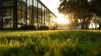 Modern school building with large glass windows and sunlight reflecting onto green lawn in contemporary educational campus architecture