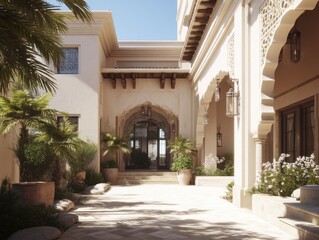 Obraz premium A large white house with a courtyard in the middle. The courtyard has a lot of plants and trees