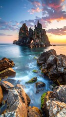 Dramatic coastal rocks emerge from a tranquil ocean at sunset, showcasing a breathtaking array of colors and textures.