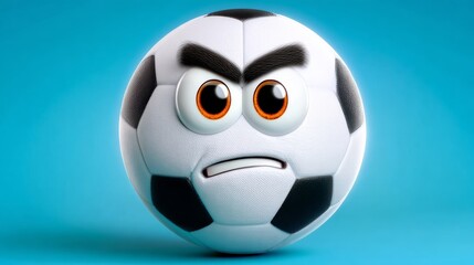 Cartoon soccer ball character with exaggerated facial expression, featuring large eyes and a frown, set against a vibrant blue background, conveying emotions related to sports and competition