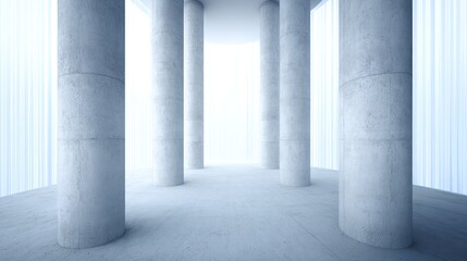 A vast modern concrete hall with towering columns and luminous windows, featuring minimalist architectural design.