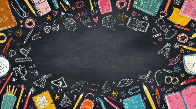 Playful school background with green chalkboard, hand-drawn education doodles, colorful stationery supplies, learning concept, and back to school theme