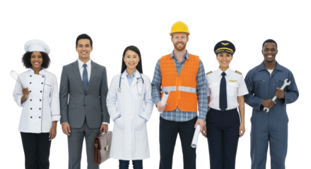 Diverse Construction Professionals Mechanic. Pilot pilot Mechanic Worker Businessman Doctor businessman Chef