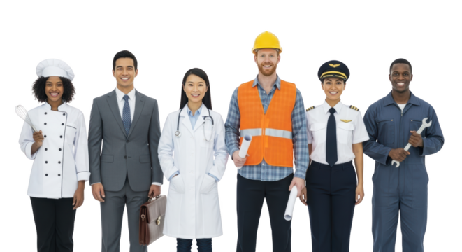 Diverse Construction Professionals Mechanic. Pilot pilot Mechanic Worker Businessman Doctor businessman Chef