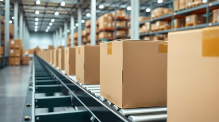 Cardboard boxes on conveyor rollers ready to be shipped by courier for distribution at warehouse - Powered by Adobe