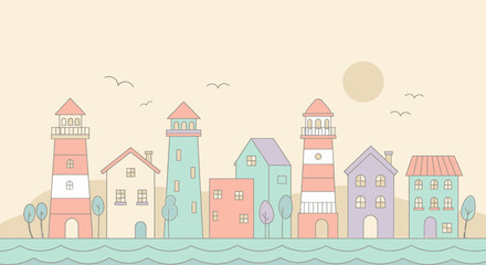 Coastal Village with Lighthouses and Colorful Houses