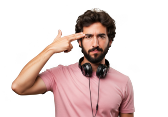 Man with headphones gesturing to head with finger symbolizing despair or stress transparent background