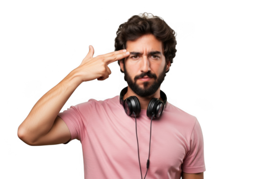 Man with headphones gesturing to head with finger symbolizing despair or stress transparent background