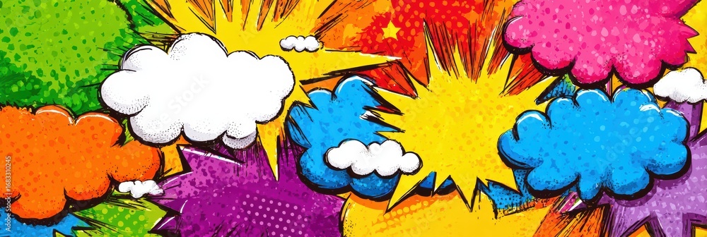 Poster bright and vibrant comic book style illustration featuring various explosion shapes in multiple colo