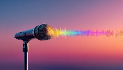 Microphone with vibrant rainbow audio waves against a sunset backdrop