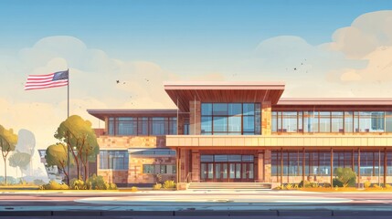 Modern american school building exterior with brick walls, large glass windows, and green lawn under bright daylight, contemporary educational architecture and learning facilities concept