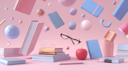 Back to school education background with floating and balancing colorful stationery, books, pencils, rulers, erasers, and supplies in 3d render illustration for learning and study concept