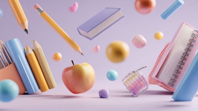 Back to school education background with floating and balancing colorful stationery, books, pencils, rulers, erasers, and supplies in 3d render illustration for learning and study concept