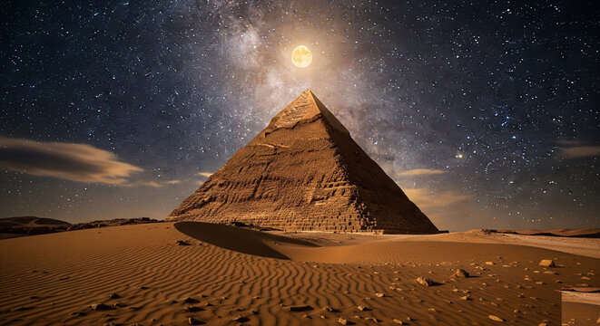 A breathtaking view of an ancient Egyptian pyramid illuminated by a full moon against the backdrop of a starry night sky and the Milky Way - Powered by Adobe