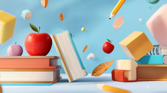 Back to school education background with floating and balancing colorful stationery, books, pencils, rulers, erasers, and supplies in 3d render illustration for learning and study concept