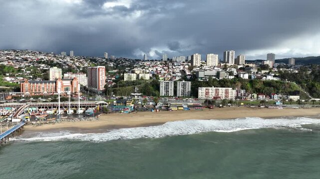Vina del Mar in Chile with a rainbow. Beautiful aerial image of the coastline.