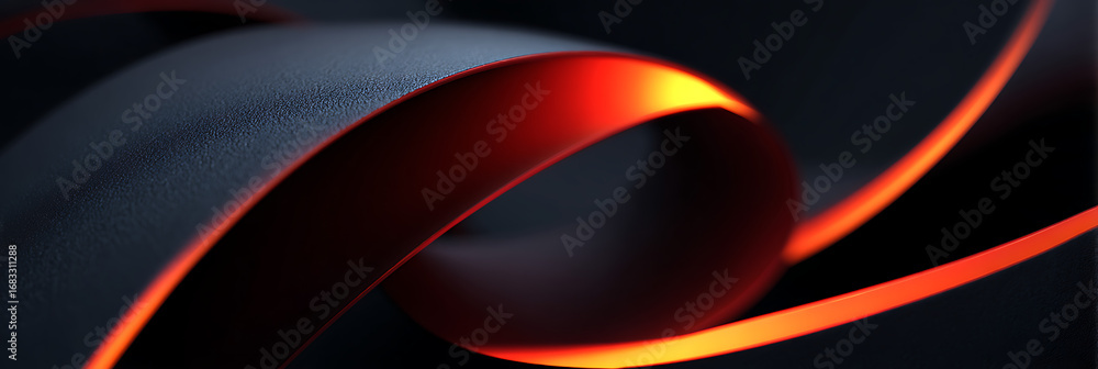 Poster an elegant, dark ribbon with a glowing, fiery orange edge curls in a dynamic, abstract shape. a mode