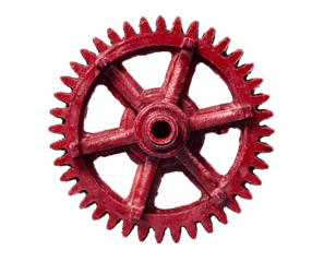 Red cogwheel with worn metallic texture, industrial style, isolated on a transparent background, PNG