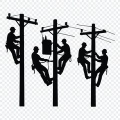 Utility Workers Silhouette on Power Poles – Electrical Line Maintenance and Safety Illustration and silhouette of electricians, power line illustration, electrical hazard icon,