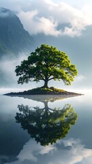 A solitary tree stands sentinel on a tranquil island, its reflection mirrored perfectly in the still waters of a serene lake, nestled amidst misty mountains.