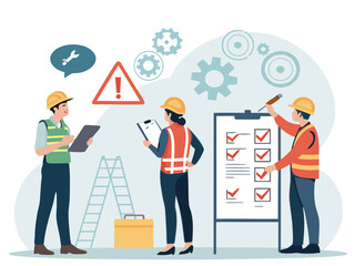 “Construction Workers Safety Training Illustration – Workplace Safety, Engineering Team Meeting, Occupational Health Checklist in Flat Vector Style”
