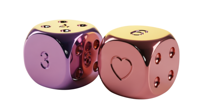 Two Metallic Dice, One Rose Gold with Heart, One Purple with Numbers gambling game isolated on a transparent background