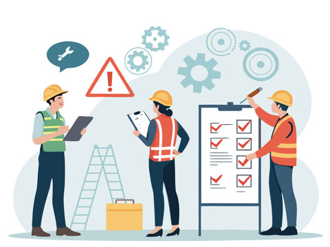 &ldquo;Construction Workers Safety Training Illustration &ndash; Workplace Safety, Engineering Team Meeting, Occupational Health Checklist in Flat Vector Style&rdquo;